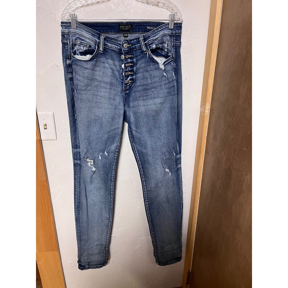 Judy‎ Blue Distressed Boyfriend Fit Jeans Medium Wash Button Fly Size 13/31